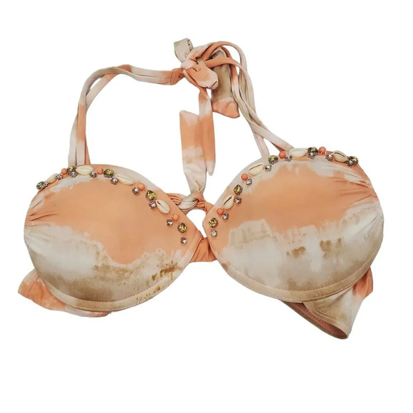 Ninety Six Degrees Peach White Marble Shell Crystal Push Up Halter Bikini Top L - Picture 1 of 5